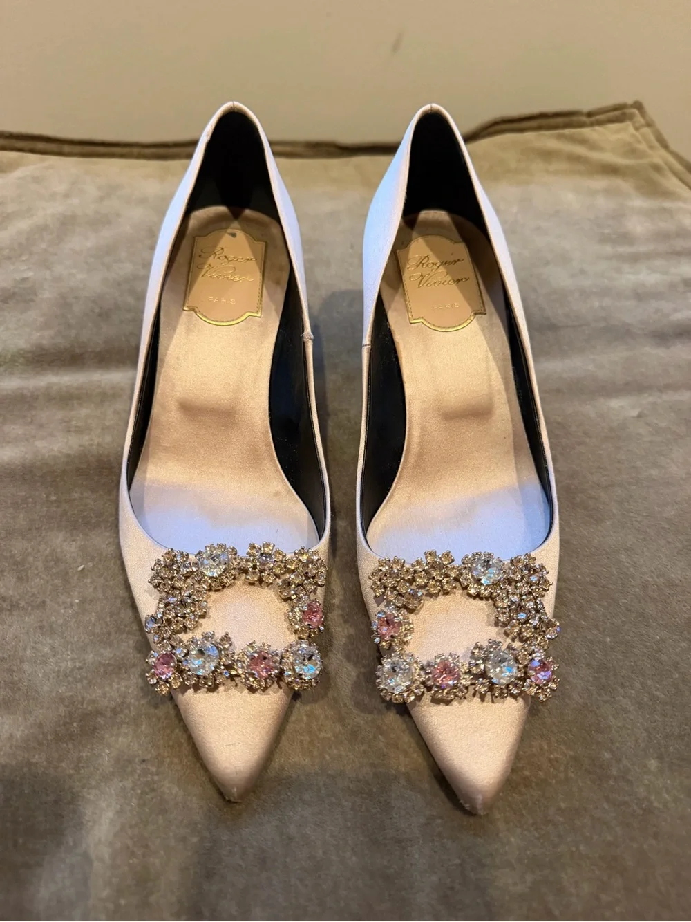 Roger Vivier Pink Satin Pointed-Toe Pumps with Crystal Buckles